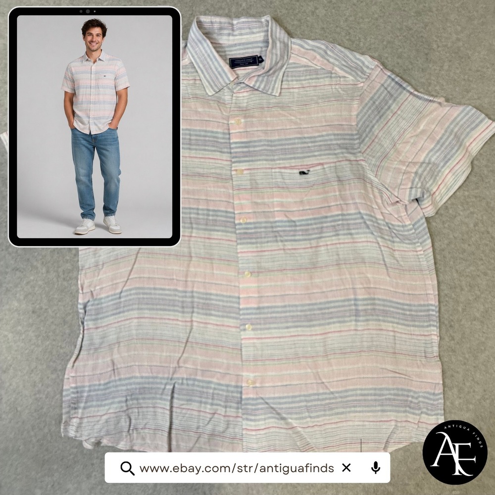Vineyard Vines Mens XL Linen Shirt Short Sleeve Pastel Stripe Button Down Pink